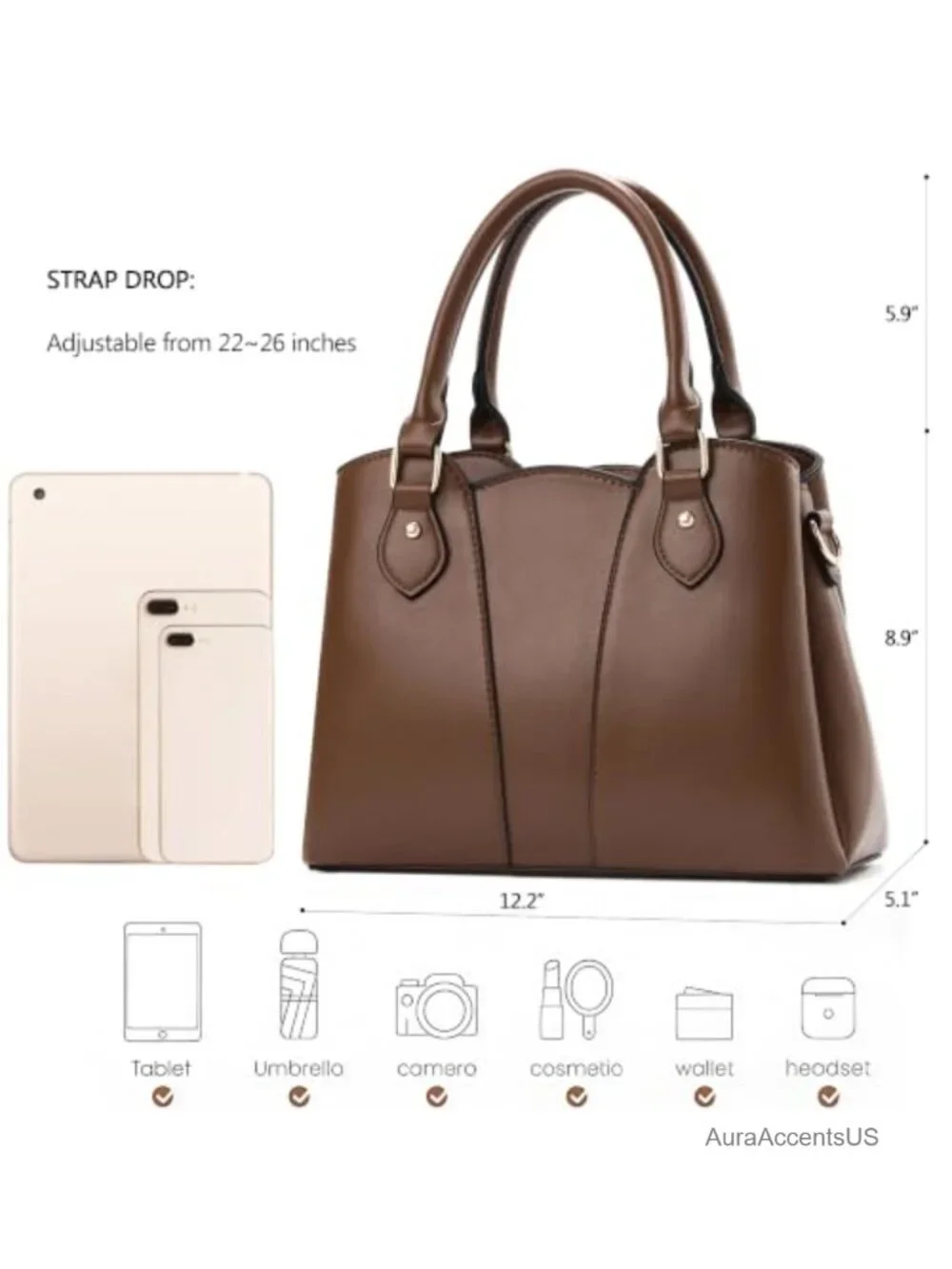 Vegan Leather Crossbody Satchel Tote Purse with Zipper & Strap